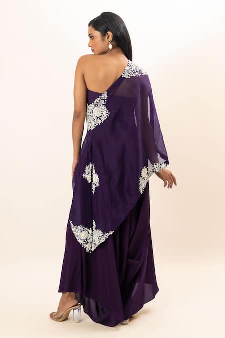 Oshi By Shikha Purple Cotton, Lycra Embroidery One Shoulder Cape Draped Pant Set Online at Aza Fashions Oshi By Shikha_Purple Cotton, Lycra Embroidery One Shoulder Cape Draped Pant Set _Online_at_Aza_Fashions