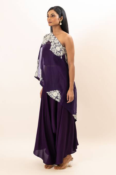 Buy Oshi By Shikha Purple Cotton, Lycra Embroidery One Shoulder Cape Draped Pant Set Online at Aza Fashions Buy_Oshi By Shikha_Purple Cotton, Lycra Embroidery One Shoulder Cape Draped Pant Set _Online_at_Aza_Fashions
