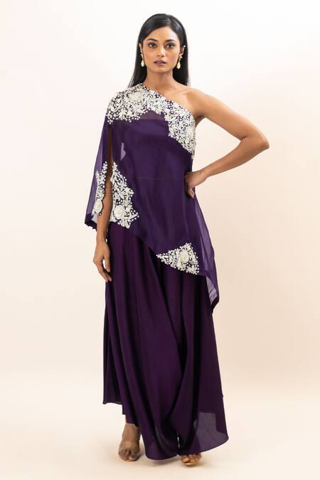 Shop Oshi By Shikha Purple Cotton, Lycra Embroidery One Shoulder Cape Draped Pant Set Online at Aza Fashions Shop_Oshi By Shikha_Purple Cotton, Lycra Embroidery One Shoulder Cape Draped Pant Set _Online_at_Aza_Fashions