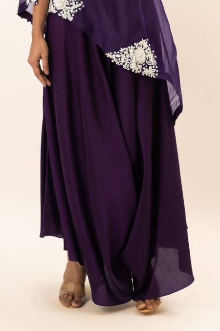 Oshi By Shikha Purple Cotton, Lycra Embroidery One Shoulder Cape Draped Pant Set at Aza Fashions Oshi By Shikha_Purple Cotton, Lycra Embroidery One Shoulder Cape Draped Pant Set _at_Aza_Fashions