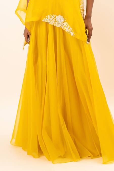 Oshi By Shikha_Yellow Organza, Cotton, Lycra Zari, Zardozi Embroidered Cape Lehenga Set_Online_at_Aza_Fashions