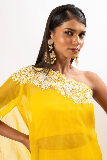 Shop_Oshi By Shikha_Yellow Organza, Cotton, Lycra Zari, Zardozi Embroidered Cape Lehenga Set_Online_at_Aza_Fashions