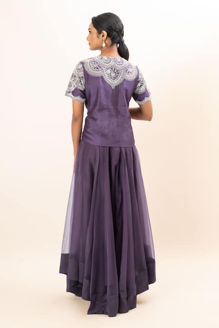 Oshi By Shikha Purple Bamboo, Taffeta, Organza Pearls, Embroidery, Chains Jacket And Sharara Set Online at Aza Fashions Oshi By Shikha_Purple Bamboo, Taffeta, Organza Pearls, Embroidery, Chains Jacket And Sharara Set _Online_at_Aza_Fashions