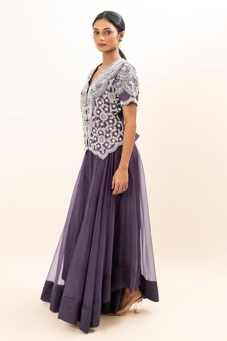 Buy Oshi By Shikha Purple Bamboo, Taffeta, Organza Pearls, Embroidery, Chains Jacket And Sharara Set Online at Aza Fashions Buy_Oshi By Shikha_Purple Bamboo, Taffeta, Organza Pearls, Embroidery, Chains Jacket And Sharara Set _Online_at_Aza_Fashions