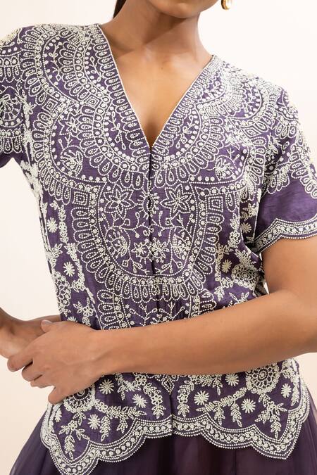 Shop Oshi By Shikha Purple Bamboo, Taffeta, Organza Pearls, Embroidery, Chains Jacket And Sharara Set Online at Aza Fashions Shop_Oshi By Shikha_Purple Bamboo, Taffeta, Organza Pearls, Embroidery, Chains Jacket And Sharara Set _Online_at_Aza_Fashions