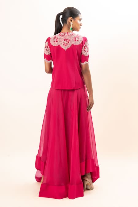 Oshi By Shikha Fuchsia Bamboo, Organza Embroidery, Chains V-neck Chidd Jacket And Sharara Set Online at Aza Fashions Oshi By Shikha_Fuchsia Bamboo, Organza Embroidery, Chains V-neck Chidd Jacket And Sharara Set _Online_at_Aza_Fashions