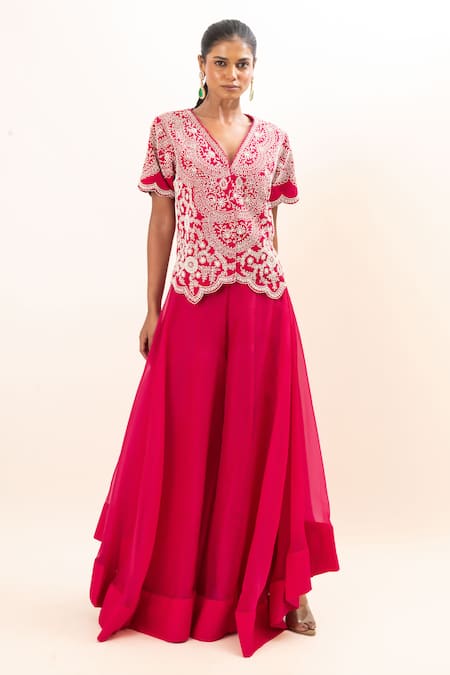 Buy Oshi By Shikha Fuchsia Bamboo, Organza Embroidery, Chains V-neck Chidd Jacket And Sharara Set Online at Aza Fashions Buy_Oshi By Shikha_Fuchsia Bamboo, Organza Embroidery, Chains V-neck Chidd Jacket And Sharara Set _Online_at_Aza_Fashions