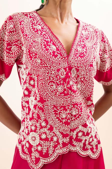 Shop Oshi By Shikha Fuchsia Bamboo, Organza Embroidery, Chains V-neck Chidd Jacket And Sharara Set Online at Aza Fashions Shop_Oshi By Shikha_Fuchsia Bamboo, Organza Embroidery, Chains V-neck Chidd Jacket And Sharara Set _Online_at_Aza_Fashions