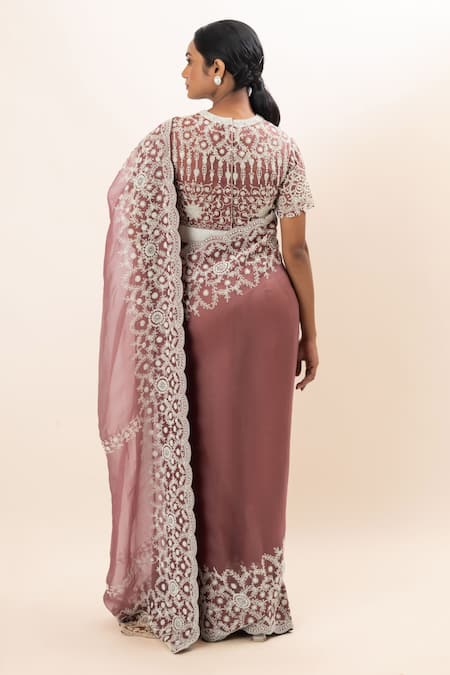 Oshi By Shikha_Pink Silk Organza, Taffeta Pearls, Embroidery V-neck Saree And Blouse Set _Online_at_Aza_Fashions