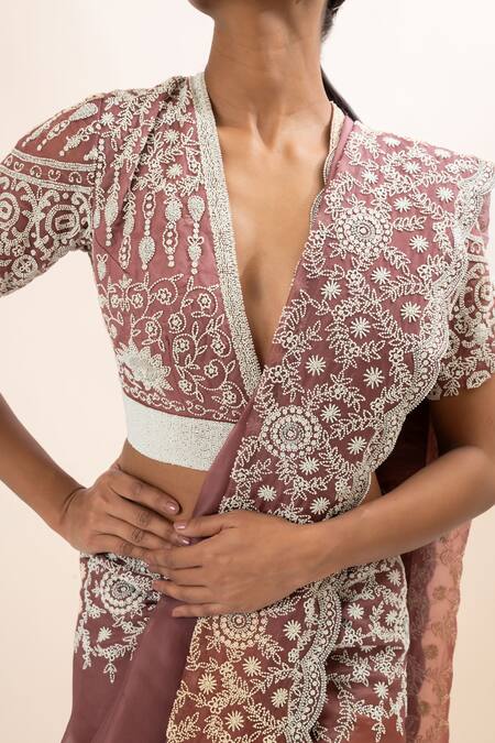 Buy_Oshi By Shikha_Pink Silk Organza, Taffeta Pearls, Embroidery V-neck Saree And Blouse Set _Online_at_Aza_Fashions
