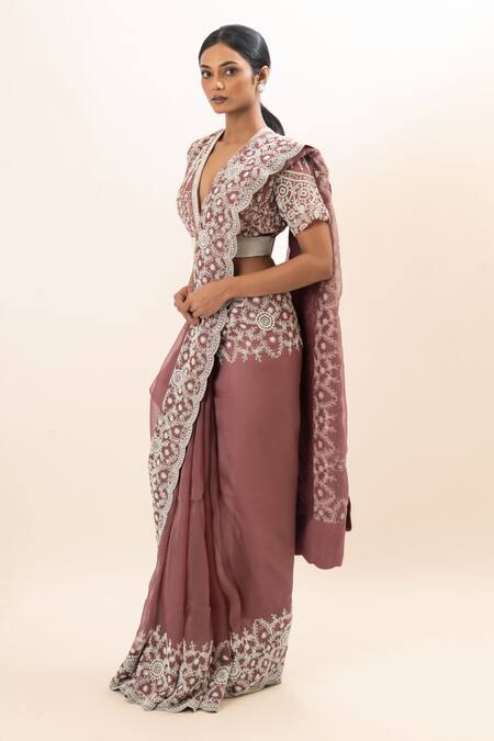 Shop_Oshi By Shikha_Pink Silk Organza, Taffeta Pearls, Embroidery V-neck Saree And Blouse Set _Online_at_Aza_Fashions