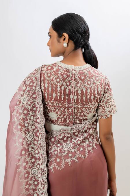 Oshi By Shikha_Pink Silk Organza, Taffeta Pearls, Embroidery V-neck Saree And Blouse Set _at_Aza_Fashions