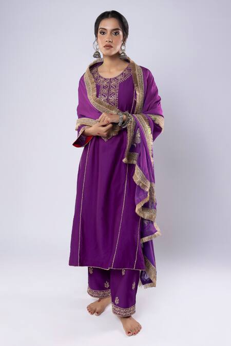 Pants And Pajamas_Purple Chanderi Sequins, Zari, Embroidery Round Neck Placket Kurta And Pant Set _Online_at_Aza_Fashions