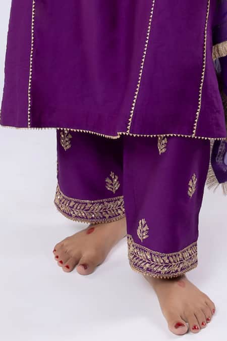 Buy_Pants And Pajamas_Purple Chanderi Sequins, Zari, Embroidery Round Neck Placket Kurta And Pant Set _Online_at_Aza_Fashions