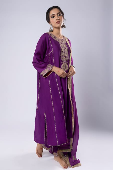 Shop_Pants And Pajamas_Purple Chanderi Sequins, Zari, Embroidery Round Neck Placket Kurta And Pant Set _Online_at_Aza_Fashions