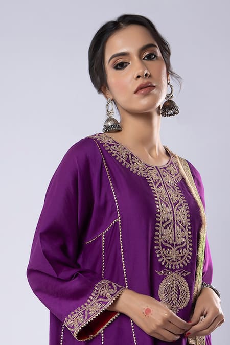Pants And Pajamas_Purple Chanderi Sequins, Zari, Embroidery Round Neck Placket Kurta And Pant Set _at_Aza_Fashions