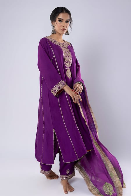 Buy_Pants And Pajamas_Purple Chanderi Sequins, Zari, Embroidery Round Neck Placket Kurta And Pant Set 