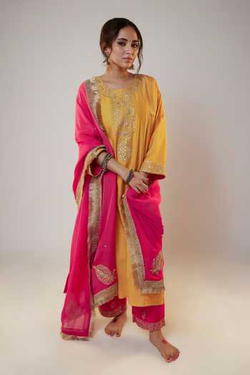 Pants And Pajamas_Yellow Chanderi Sequins, Zari, Embroidery Round Neck Placket Kurta And Pant Set _Online_at_Aza_Fashions