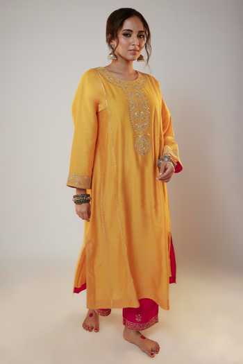 Buy_Pants And Pajamas_Yellow Chanderi Sequins, Zari, Embroidery Round Neck Placket Kurta And Pant Set _Online_at_Aza_Fashions
