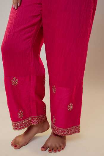Shop_Pants And Pajamas_Yellow Chanderi Sequins, Zari, Embroidery Round Neck Placket Kurta And Pant Set _Online_at_Aza_Fashions