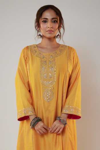 Pants And Pajamas_Yellow Chanderi Sequins, Zari, Embroidery Round Neck Placket Kurta And Pant Set _at_Aza_Fashions