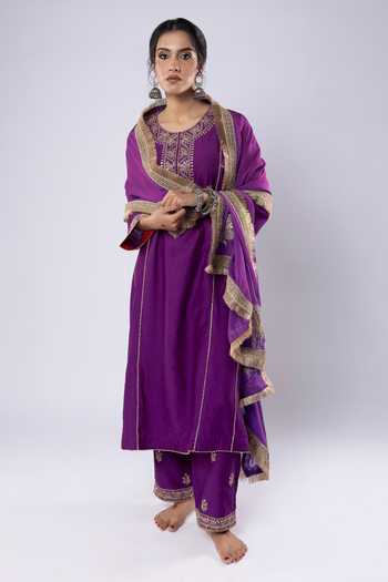 Pants And Pajamas Purple Chanderi, Organza Embroidery, Sequins, Zari Round Placket Kurta Pant Set Online at Aza Fashions Pants And Pajamas_Purple Chanderi, Organza Embroidery, Sequins, Zari Round Placket Kurta Pant Set _Online_at_Aza_Fashions