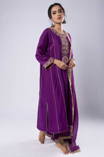 Shop Pants And Pajamas Purple Chanderi, Organza Embroidery, Sequins, Zari Round Placket Kurta Pant Set Online at Aza Fashions Shop_Pants And Pajamas_Purple Chanderi, Organza Embroidery, Sequins, Zari Round Placket Kurta Pant Set _Online_at_Aza_Fashions