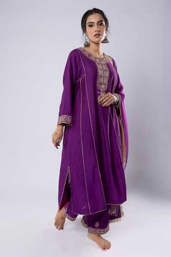 Pants And Pajamas Purple Chanderi, Organza Embroidery, Sequins, Zari Round Placket Kurta Pant Set at Aza Fashions Pants And Pajamas_Purple Chanderi, Organza Embroidery, Sequins, Zari Round Placket Kurta Pant Set _at_Aza_Fashions