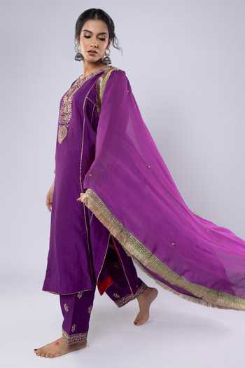 Buy Pants And Pajamas Purple Chanderi, Organza Embroidery, Sequins, Zari Round Placket Kurta Pant Set Buy_Pants And Pajamas_Purple Chanderi, Organza Embroidery, Sequins, Zari Round Placket Kurta Pant Set