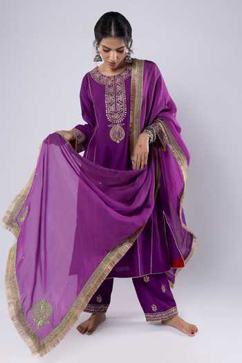 Shop Pants And Pajamas Purple Chanderi, Organza Embroidery, Sequins, Zari Round Placket Kurta Pant Set Shop_Pants And Pajamas_Purple Chanderi, Organza Embroidery, Sequins, Zari Round Placket Kurta Pant Set