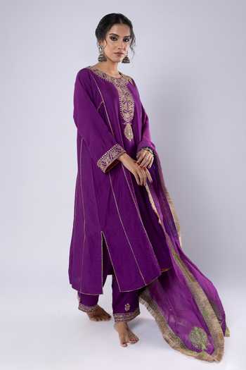 Shop Pants And Pajamas Purple Chanderi, Organza Embroidery, Sequins, Zari Round Placket Kurta Pant Set at Aza Fashions Shop_Pants And Pajamas_Purple Chanderi, Organza Embroidery, Sequins, Zari Round Placket Kurta Pant Set _at_Aza_Fashions