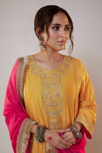 Pants And Pajamas Yellow Chanderi, Organza Sequins, Zari, Embroidery Round Neck Work Kurta Set Online at Aza Fashions Pants And Pajamas_Yellow Chanderi, Organza Sequins, Zari, Embroidery Round Neck Work Kurta Set _Online_at_Aza_Fashions