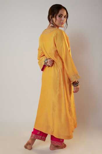 Shop Pants And Pajamas Yellow Chanderi, Organza Sequins, Zari, Embroidery Round Neck Work Kurta Set at Aza Fashions Shop_Pants And Pajamas_Yellow Chanderi, Organza Sequins, Zari, Embroidery Round Neck Work Kurta Set _at_Aza_Fashions