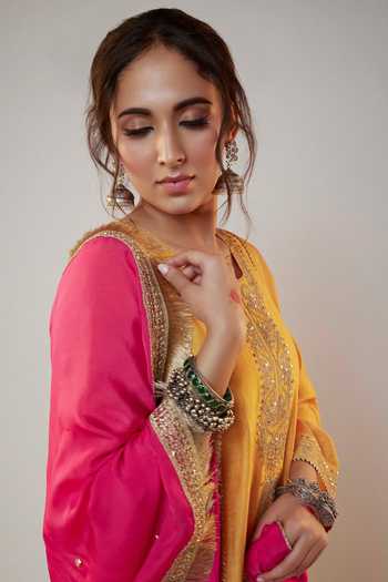 Pants And Pajamas Yellow Chanderi, Organza Sequins, Zari, Embroidery Round Neck Work Kurta Set at Aza Fashions Pants And Pajamas_Yellow Chanderi, Organza Sequins, Zari, Embroidery Round Neck Work Kurta Set _at_Aza_Fashions