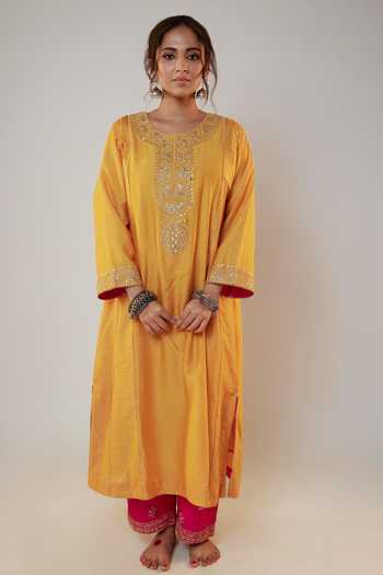 Buy Pants And Pajamas Yellow Chanderi, Organza Sequins, Zari, Embroidery Round Neck Work Kurta Set Buy_Pants And Pajamas_Yellow Chanderi, Organza Sequins, Zari, Embroidery Round Neck Work Kurta Set