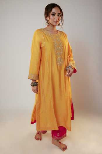 Shop Pants And Pajamas Yellow Chanderi, Organza Sequins, Zari, Embroidery Round Neck Work Kurta Set Shop_Pants And Pajamas_Yellow Chanderi, Organza Sequins, Zari, Embroidery Round Neck Work Kurta Set