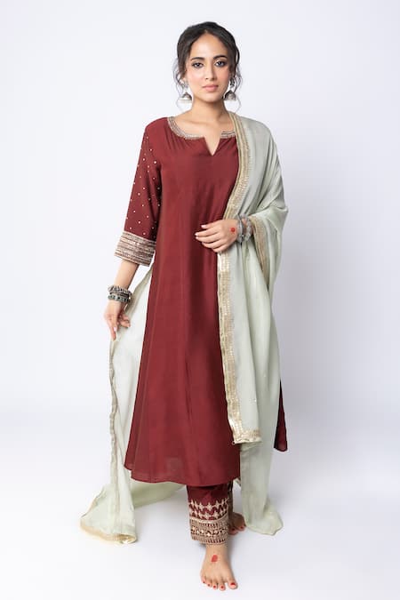 Pants and Pajamas Chanderi Sleeve Embroidered Kurta Set 