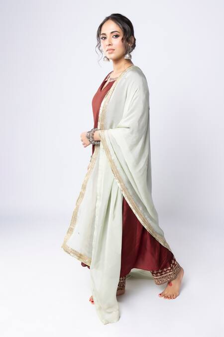 Pants And Pajamas Maroon Chanderi, Organza Embroidery Split V-neck Sleeve Kurta Set Online at Aza Fashions Pants And Pajamas_Maroon Chanderi, Organza Embroidery Split V-neck Sleeve Kurta Set _Online_at_Aza_Fashions