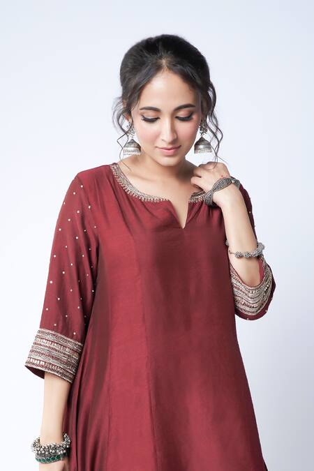 Shop Pants And Pajamas Maroon Chanderi, Organza Embroidery Split V-neck Sleeve Kurta Set Online at Aza Fashions Shop_Pants And Pajamas_Maroon Chanderi, Organza Embroidery Split V-neck Sleeve Kurta Set _Online_at_Aza_Fashions