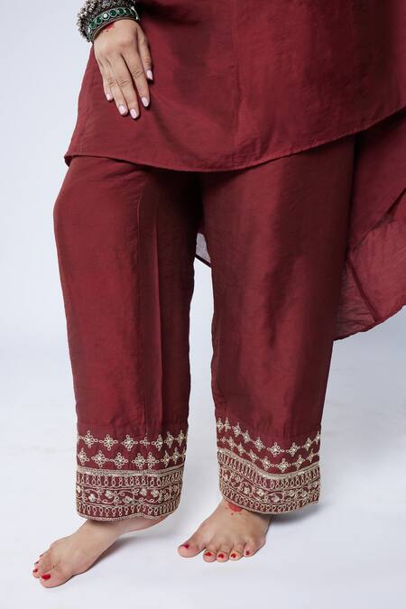 Pants And Pajamas Maroon Chanderi, Organza Embroidery Split V-neck Sleeve Kurta Set at Aza Fashions Pants And Pajamas_Maroon Chanderi, Organza Embroidery Split V-neck Sleeve Kurta Set _at_Aza_Fashions