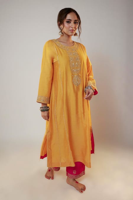 Pants And Pajamas Chanderi Zari Thread Embroidered Kurta 