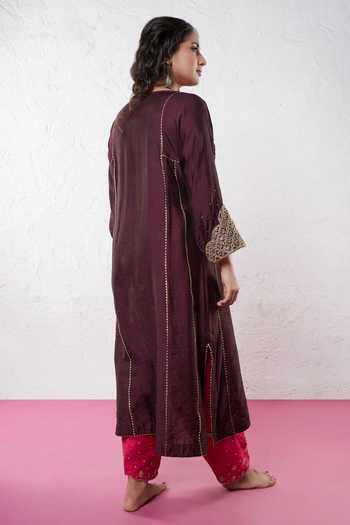 Pants And Pajamas Chanderi Floral Embroidered Kurta 