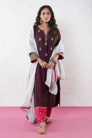 Pants And Pajamas Purple Chanderi Sequins, Zari Split V-neck Floral Embroidered Kurta Online at Aza Fashions Pants And Pajamas_Purple Chanderi Sequins, Zari Split V-neck Floral Embroidered Kurta _Online_at_Aza_Fashions