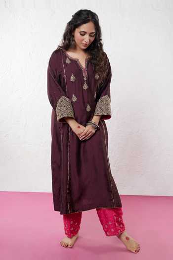 Buy Pants And Pajamas Purple Chanderi Sequins, Zari Split V-neck Floral Embroidered Kurta Online at Aza Fashions Buy_Pants And Pajamas_Purple Chanderi Sequins, Zari Split V-neck Floral Embroidered Kurta _Online_at_Aza_Fashions