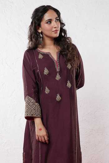 Pants And Pajamas Purple Chanderi Sequins, Zari Split V-neck Floral Embroidered Kurta at Aza Fashions Pants And Pajamas_Purple Chanderi Sequins, Zari Split V-neck Floral Embroidered Kurta _at_Aza_Fashions