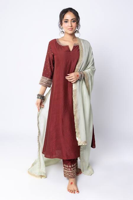 Pants And Pajamas Maroon Chanderi Sequins, Zari Split V-neck Sleeve Embroidered Kurta Online at Aza Fashions Pants And Pajamas_Maroon Chanderi Sequins, Zari Split V-neck Sleeve Embroidered Kurta _Online_at_Aza_Fashions