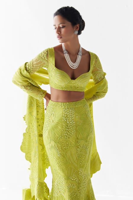 Mishru Green Soft Tulle Embroidery Taisya Metroid Florin Embellished Bridal Lehenga Set Online at Aza Fashions Mishru_Green Soft Tulle Embroidery Taisya Metroid Florin Embellished Bridal Lehenga Set_Online_at_Aza_Fashions