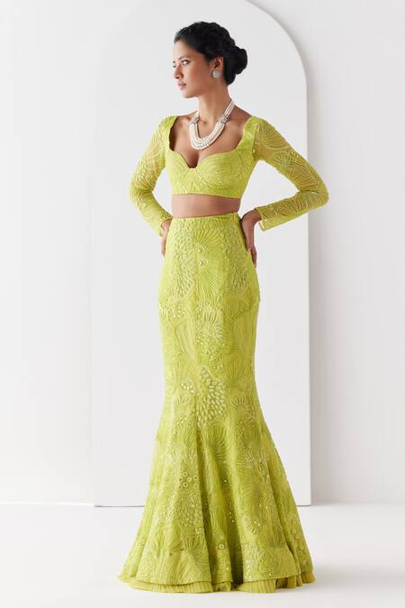 Buy Mishru Green Soft Tulle Embroidery Taisya Metroid Florin Embellished Bridal Lehenga Set Online at Aza Fashions Buy_Mishru_Green Soft Tulle Embroidery Taisya Metroid Florin Embellished Bridal Lehenga Set_Online_at_Aza_Fashions