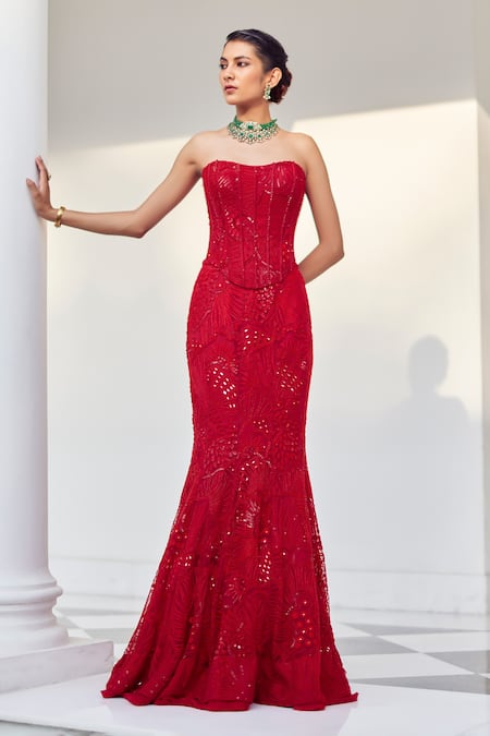 Shop_Mishru_Red Tulle Sequins, Beads, Mirrors Ariel Claret Embellished Lehenga With Corset _at_Aza_Fashions