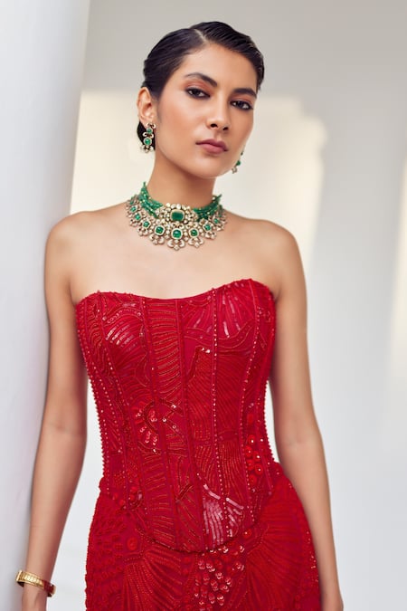 Buy_Mishru_Red Tulle Sequins, Beads, Mirrors Ariel Claret Embellished Lehenga With Corset _Online_at_Aza_Fashions